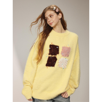 Пуловер с бродерия, chenille плетиво, мъжки slim-fit, с яка на риза