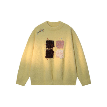 Пуловер с бродерия, chenille плетиво, мъжки slim-fit, с яка на риза