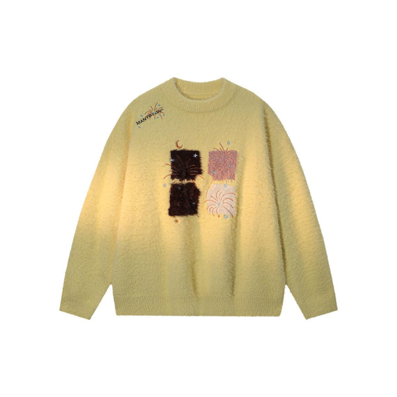 Пуловер с бродерия, chenille плетиво, мъжки slim-fit, с яка на риза