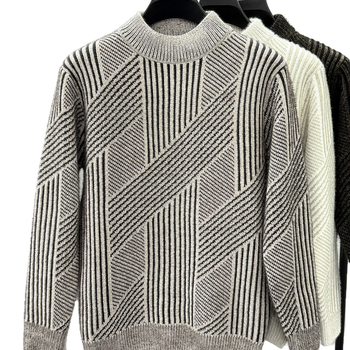 Плетен пуловер за мъже, полувисока яка, дебел флийс, свободна кройка, полиестер с зайча козина