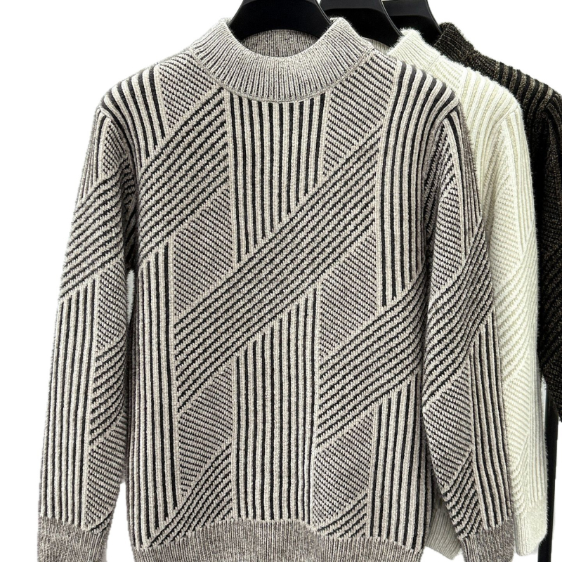 Плетен пуловер за мъже, полувисока яка, дебел флийс, свободна кройка, полиестер с зайча козина