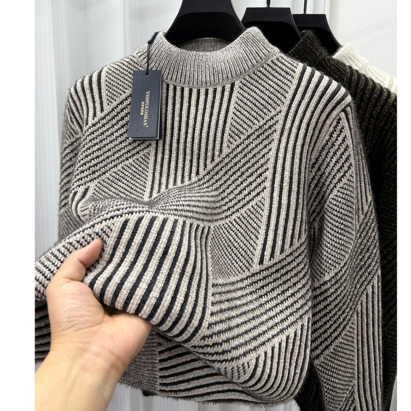 Плетен пуловер за мъже, полувисока яка, дебел флийс, свободна кройка, полиестер с зайча козина