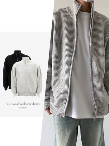 Мъжки плетен кардиган с цип, със стойка яка, дълги ръкави, двойно ципване, полиестер, есен 2024