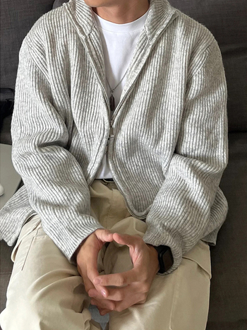 Мъжки плетен кардиган с цип, със стойка яка, дълги ръкави, двойно ципване, полиестер, есен 2024