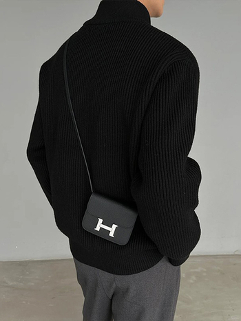 Мъжки плетен кардиган с цип, със стойка яка, дълги ръкави, двойно ципване, полиестер, есен 2024