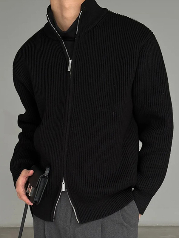Мъжки плетен кардиган с цип, със стойка яка, дълги ръкави, двойно ципване, полиестер, есен 2024