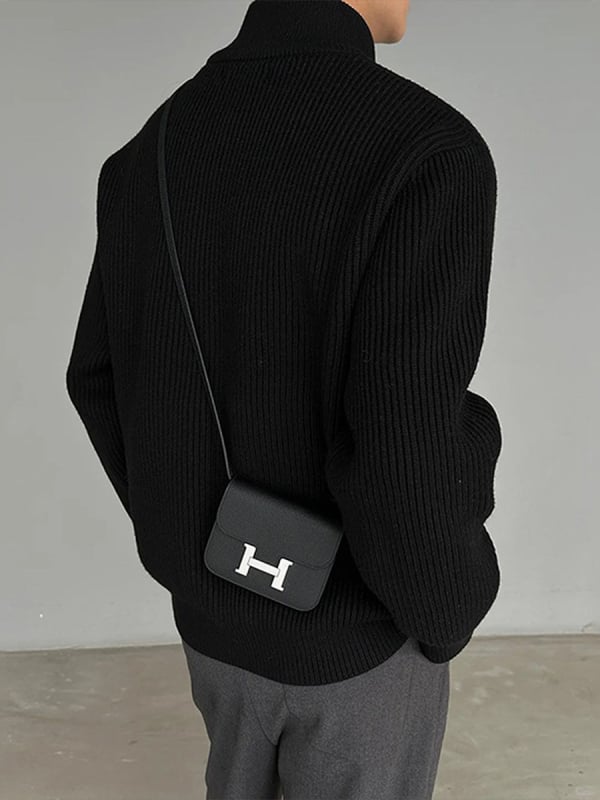 Мъжки плетен кардиган с цип, със стойка яка, дълги ръкави, двойно ципване, полиестер, есен 2024