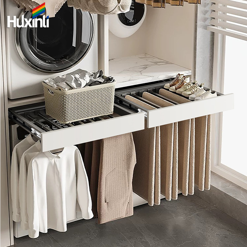 Izvlačna vješalica za odjeću s produženom tračnicom i skrivenim sušenjem iznad perilice, model CLLYJ, aluminijska legura/nylon/hladno valjani čelik, moderni minimalistički stil