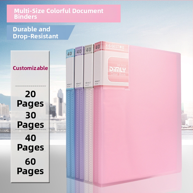 PP priečinok na informačné brožúry s priehľadnou vnútornou stranou, model A4220-4210, 20–100 strán, hrúbka 2.5–6.0 cm, značka KOBEST Kangbai