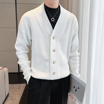 Cardigan tricotat pentru bărbați, simplu, guler V, mâneci lungi, croială lejeră, jacquard poliester