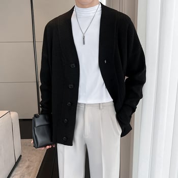 Cardigan tricotat pentru bărbați, simplu, guler V, mâneci lungi, croială lejeră, jacquard poliester