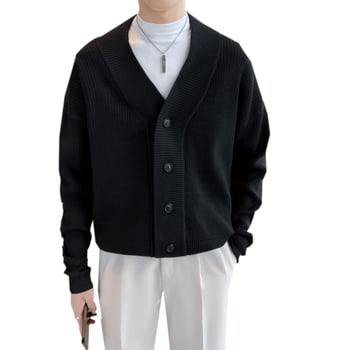 Cardigan tricotat pentru bărbați, simplu, guler V, mâneci lungi, croială lejeră, jacquard poliester