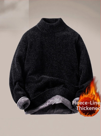 Мъжки Chenille флийс плетен пуловер с полутурнелна яка, свободен силует, подплатен с флис, 100% полиестер
