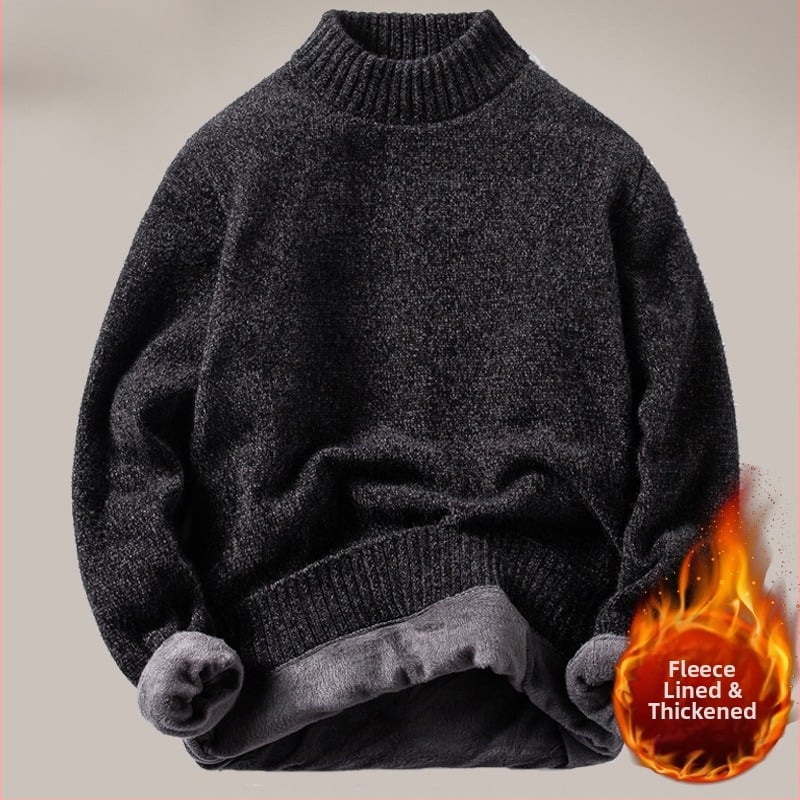 Мъжки Chenille флийс плетен пуловер с полутурнелна яка, свободен силует, подплатен с флис, 100% полиестер