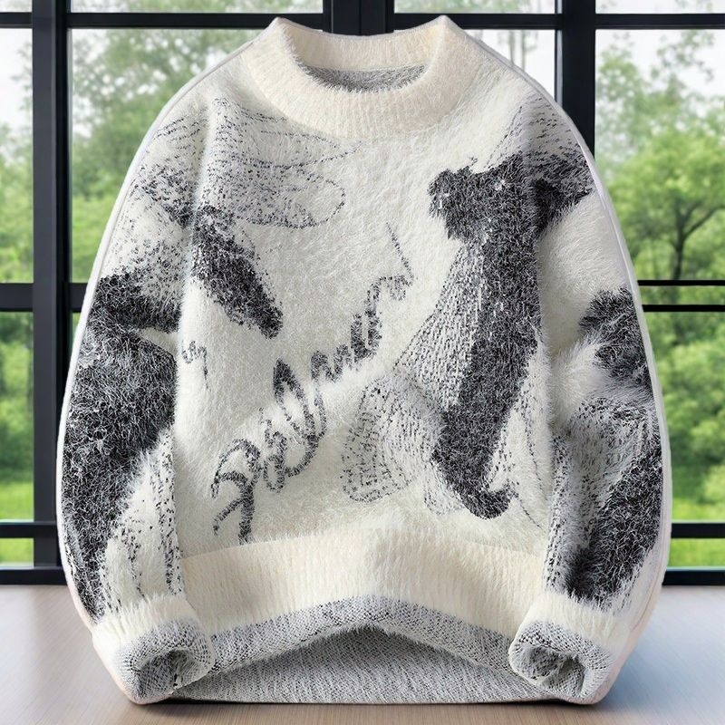 Тийнейджърски зимен плетен пуловер със качулка и кръгло деколте, свободен силует, модал и козина от зайци