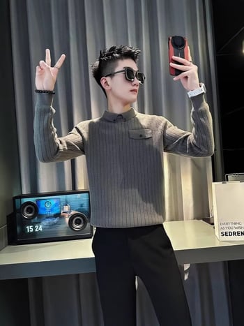 Свитер, корейски стил, пуловер с висока яка, свободен силует, 85% полиестер