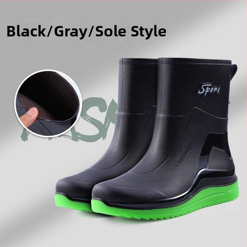 Muške kišne čizme, vodootporne, protuklizne, otporne na habanje, srednje visine, gornji dio od plastike, gumena potplata, za jesen i zimu