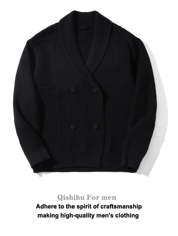 Мъжки двойно закопчаван плетен кардиган със яка с плодово оформление, свободен силует, антибактериален, зайчи пух, есен-зима