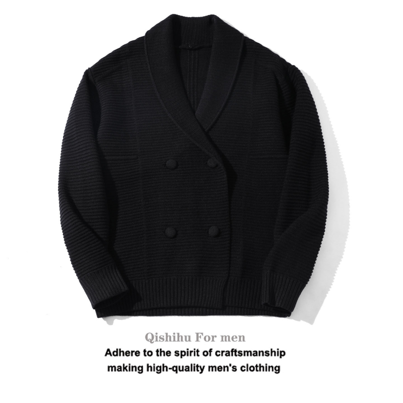 Мъжки двойно закопчаван плетен кардиган със яка с плодово оформление, свободен силует, антибактериален, зайчи пух, есен-зима