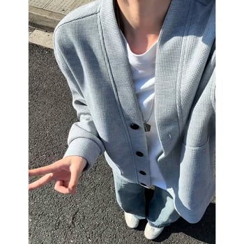 Вафелено плетено кардиган жакет – кръгло деколте, свободна кройка, за мъже, полиестерно-смесен материал, есен 2025