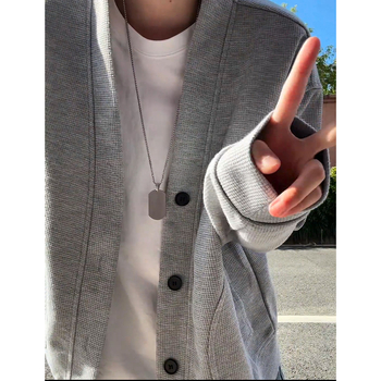 Вафелено плетено кардиган жакет – кръгло деколте, свободна кройка, за мъже, полиестерно-смесен материал, есен 2025