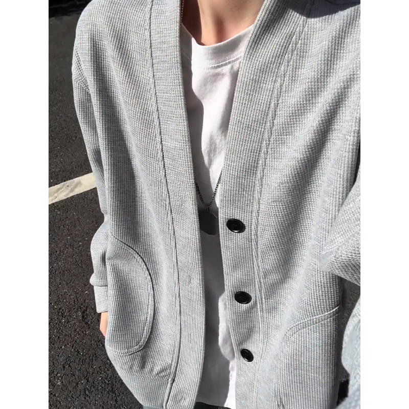Вафелено плетено кардиган жакет – кръгло деколте, свободна кройка, за мъже, полиестерно-смесен материал, есен 2025