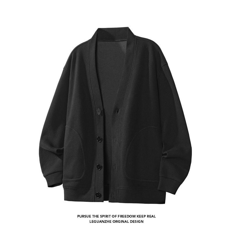 Вафелено плетено кардиган жакет – кръгло деколте, свободна кройка, за мъже, полиестерно-смесен материал, есен 2025