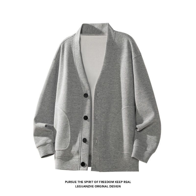 Вафелено плетено кардиган жакет – кръгло деколте, свободна кройка, за мъже, полиестерно-смесен материал, есен 2025