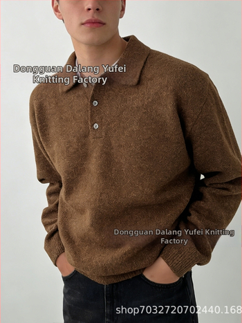 Мъжки плетен пуловер с поло яка, дълги ръкави, жакардова шарка, полиестерна смес 70%