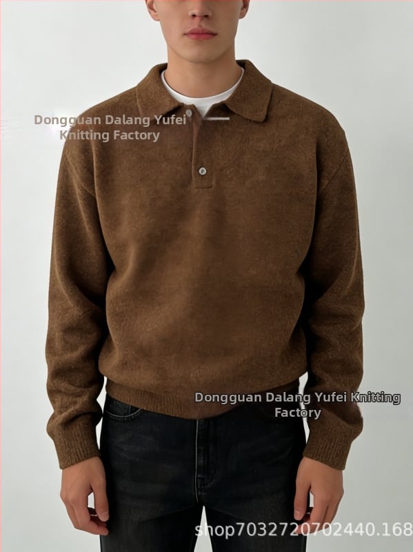 Мъжки плетен пуловер с поло яка, дълги ръкави, жакардова шарка, полиестерна смес 70%