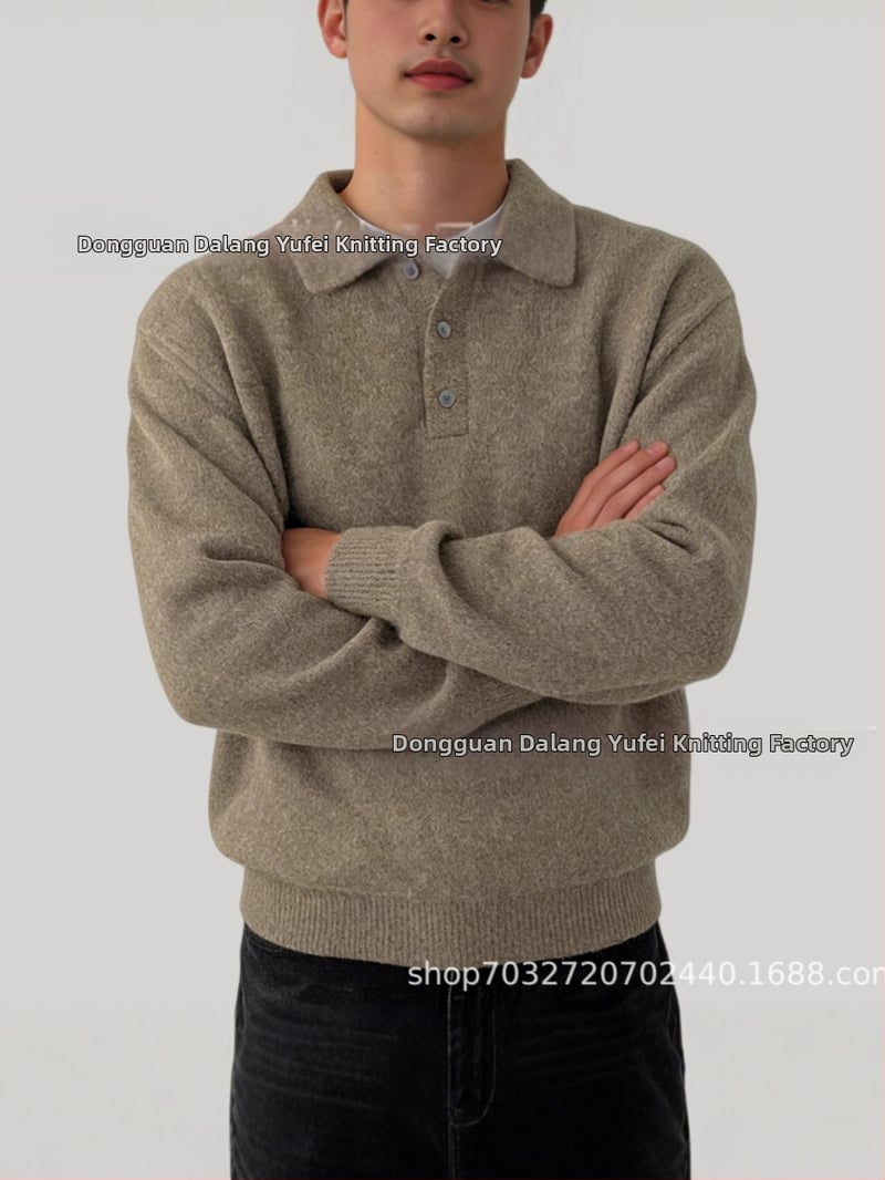 Мъжки плетен пуловер с поло яка, дълги ръкави, жакардова шарка, полиестерна смес 70%