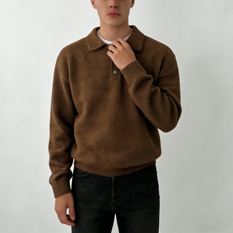 Мъжки плетен пуловер с поло яка, дълги ръкави, жакардова шарка, полиестерна смес 70%