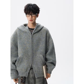 Мъжки дебел вязан кардиган с качулка и двойна ципа – свободна кройка, брусиран финиш