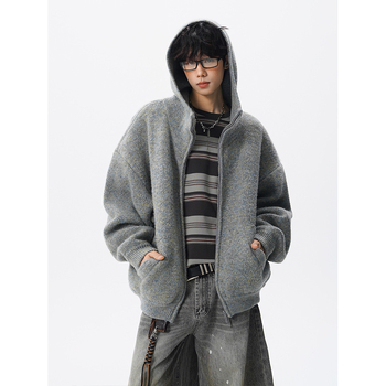 Мъжки дебел вязан кардиган с качулка и двойна ципа – свободна кройка, брусиран финиш