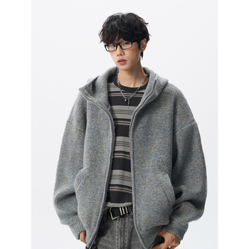 Мъжки дебел вязан кардиган с качулка и двойна ципа – свободна кройка, брусиран финиш