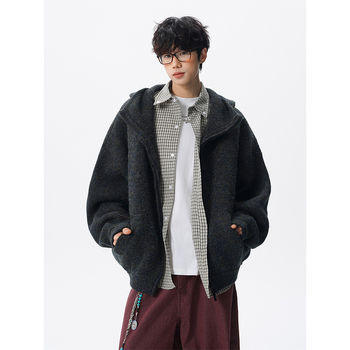 Мъжки дебел вязан кардиган с качулка и двойна ципа – свободна кройка, брусиран финиш