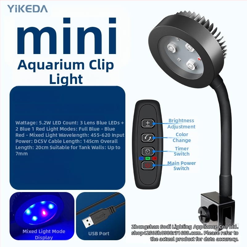 Klip LED rasvjeta za akvarij s punim spektrom i vremenskim tajmerom, za koralije i vodene biljke; aluminijsko kućište, 5.2W, 0.5 kg