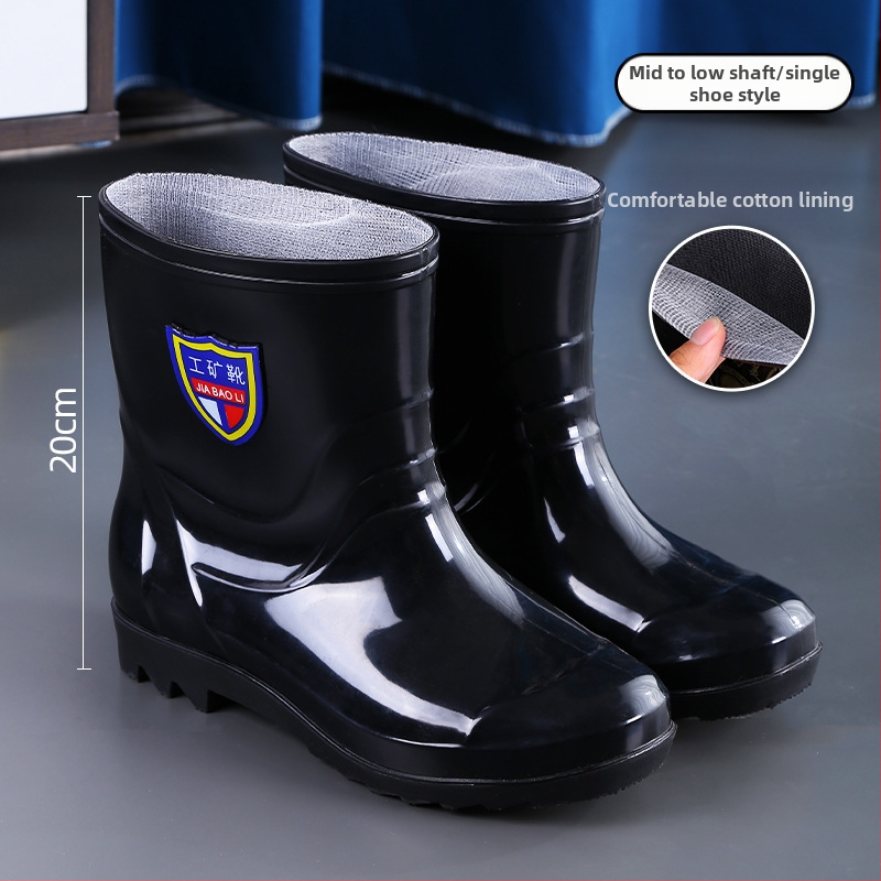 Kišne čizme s PVC gornjim dijelom, potplata od telećih tetiva, niski cjevni dizajn, mrežasta podstava, niska peta 1–3 cm