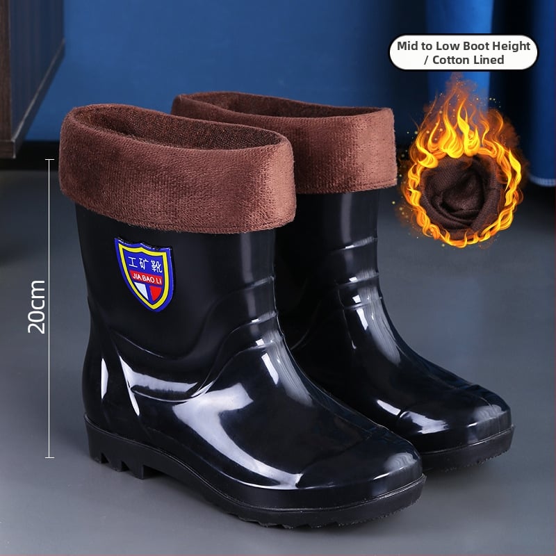 Kišne čizme s PVC gornjim dijelom, potplata od telećih tetiva, niski cjevni dizajn, mrežasta podstava, niska peta 1–3 cm