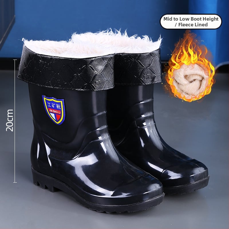 Kišne čizme s PVC gornjim dijelom, potplata od telećih tetiva, niski cjevni dizajn, mrežasta podstava, niska peta 1–3 cm