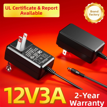 Napájací adaptér 12V 3A, UL certifikovaný, US štandard, séria GQ36-120300-AU, DC konektor 5.5×2.1mm, určený pre IT zariadenia, monitorovanie, LED reklama a audio zariadenia