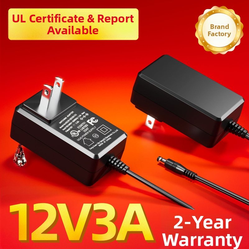 Napájací adaptér 12V 3A, UL certifikovaný, US štandard, séria GQ36-120300-AU, DC konektor 5.5×2.1mm, určený pre IT zariadenia, monitorovanie, LED reklama a audio zariadenia