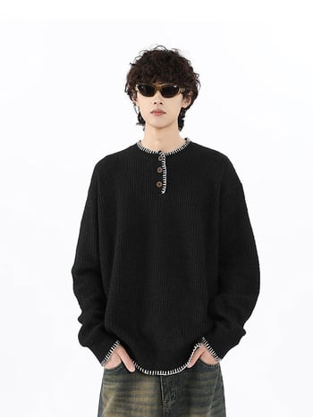 Пуловер с кръгло деколте, свободна кройка, дълги ръкави, полиестерова материя, американски ретро небрежен стил, за мъже, зима 2024