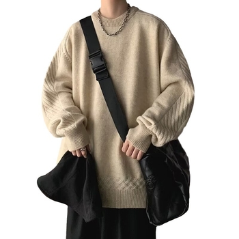 Мъжки плетен пуловер - корейски стил, свободна кройка, кръгла яка, дълги ръкави, средна дебелина, полиестер 90%