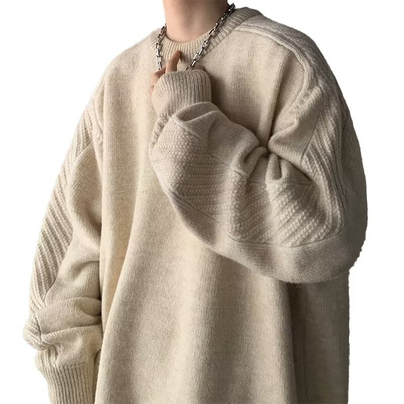 Мъжки плетен пуловер - корейски стил, свободна кройка, кръгла яка, дълги ръкави, средна дебелина, полиестер 90%