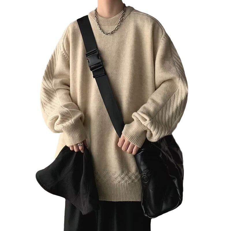 Мъжки плетен пуловер - корейски стил, свободна кройка, кръгла яка, дълги ръкави, средна дебелина, полиестер 90%