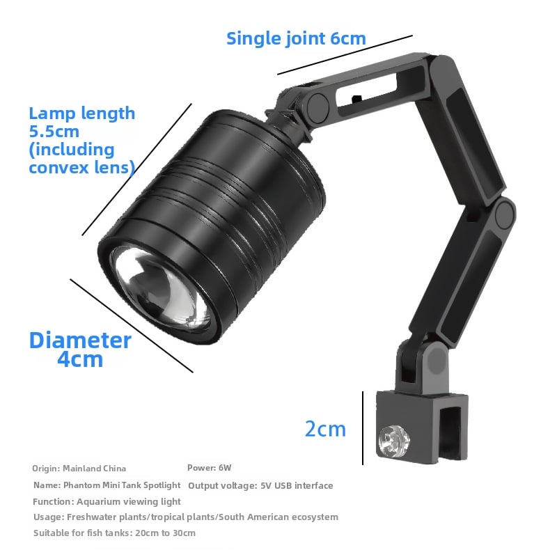 LED svjetlo za akvarij s fleksibilnim ramenom, s punim spektrom i fokusirajućom lećom, 6W