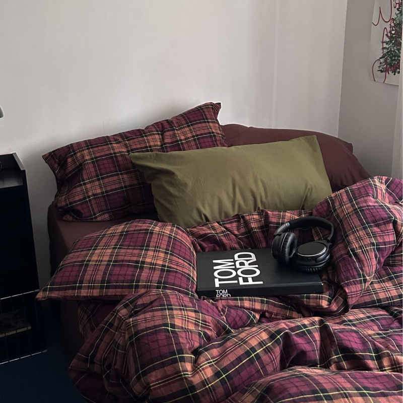 4-djelni set posteljine od pamuka, yarn-dyed, quilted, kvadratni uzorak, za sve sezone