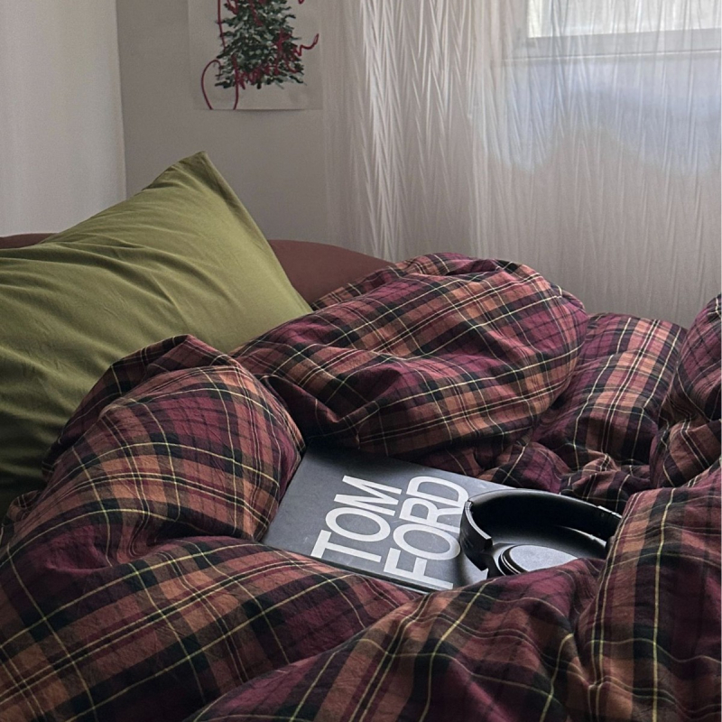 4-djelni set posteljine od pamuka, yarn-dyed, quilted, kvadratni uzorak, za sve sezone