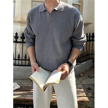 Мъжки плетен суитер с V-образно деколте, свободна кройка, дълги ръкави, жакардова плетка, полиестерова смес